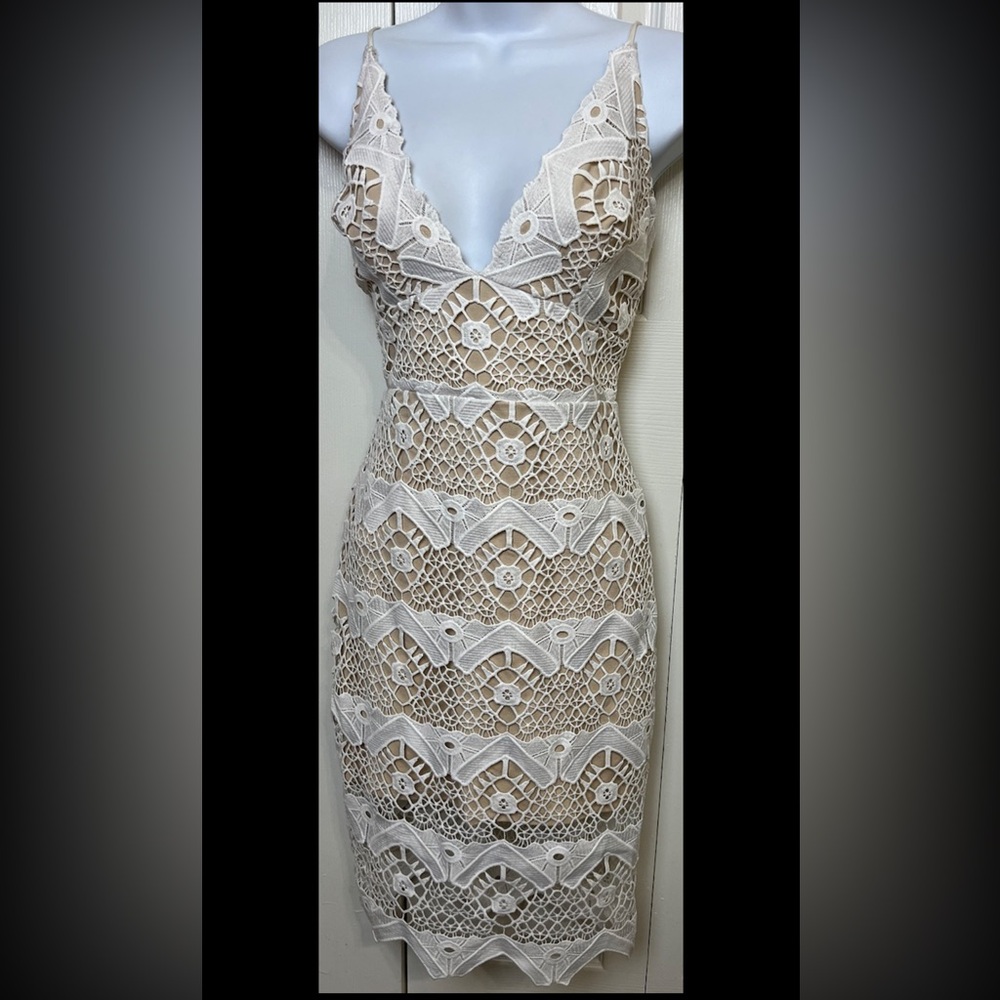 LULUS Dress Sway Away Crochet White Beige Overlay Lace Evening Party Mini - Picture 4 of 12